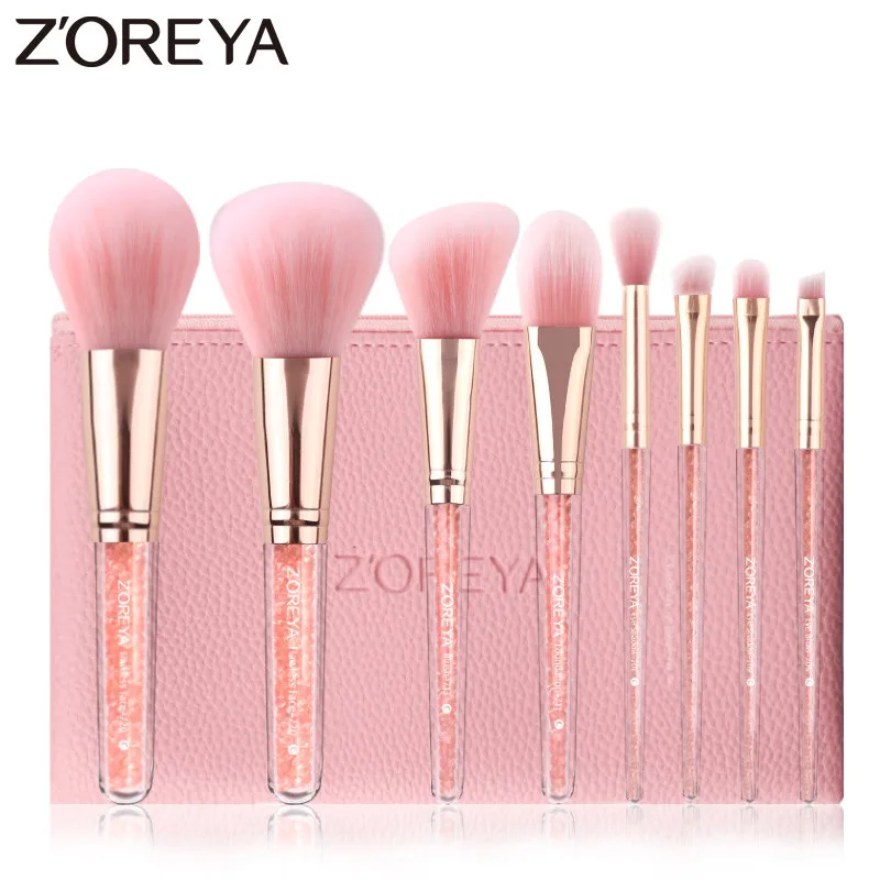 Pink ZOREYA 8 шт розовые Кристальные кисти для макияжа с супер мягкими синтетическими волосами, основа для румян, консилер для бровей, набор кистей для макияжа - Handle Color: Pink