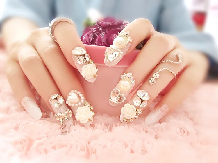24PCS Bride Flowers False Nails Nail Art Design Tips Diamond | Красота и здоровье