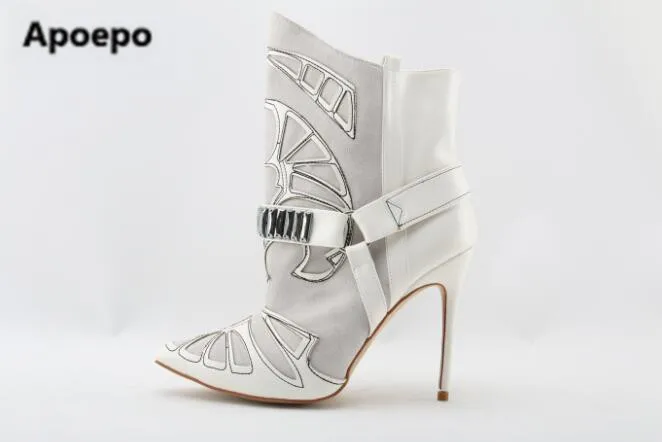 

Embroidery Suede Leather Pointed Toe Ankle Boots Stiletto Strappy Lady Short Boots Fashion Lady High Heels Studded Boots Shoes