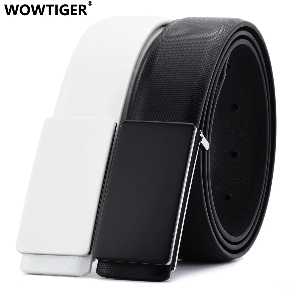 

WOWTIGER Black White Cowhide Genuine Leather 3.3cm width belts for men Strap male Smooth buckle Luxury Brand Designer belt