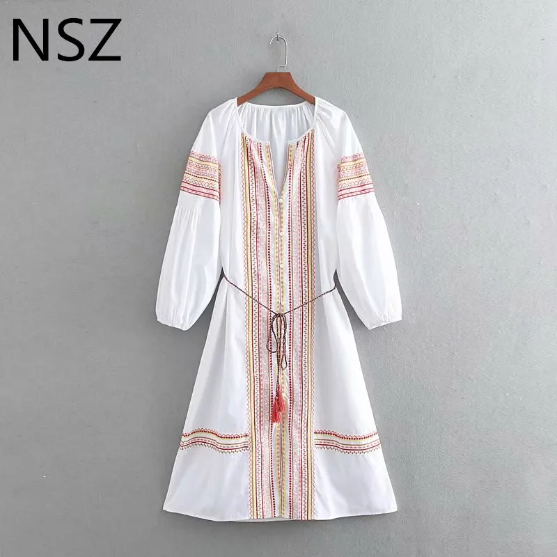 NSZ женский черный хлопок вышивка миди платье круглый вырез горловины с поясом