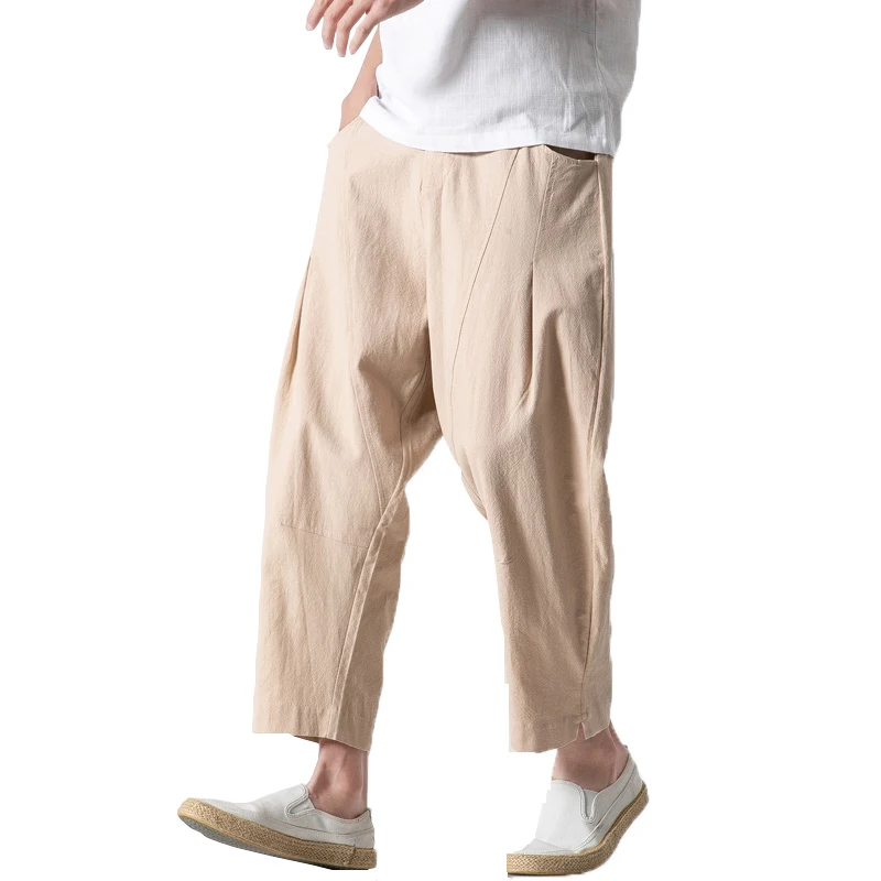 Мужские льняные шаровары, мужские брюки в стиле хип-хоп, мужские джоггеры, мужские широкие брюки Hombre, брюки в китайском стиле ретро до щиколо...