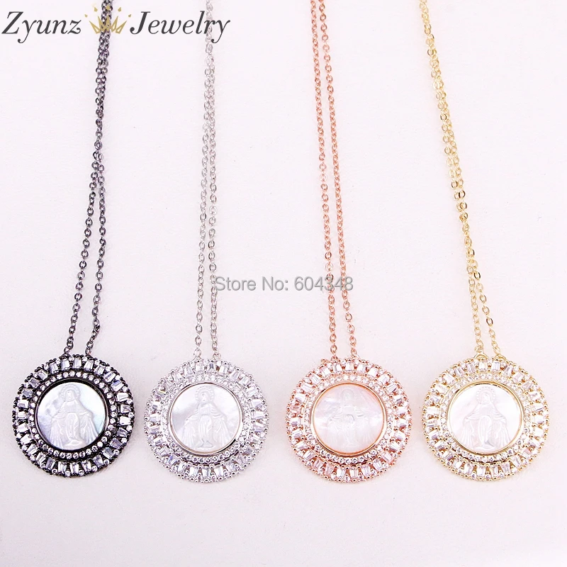 

5 Strands ZYZ310-2097 Religion style shell necklace Virgin Mary/Jesus pendant with mix color plated round shape pendant necklace