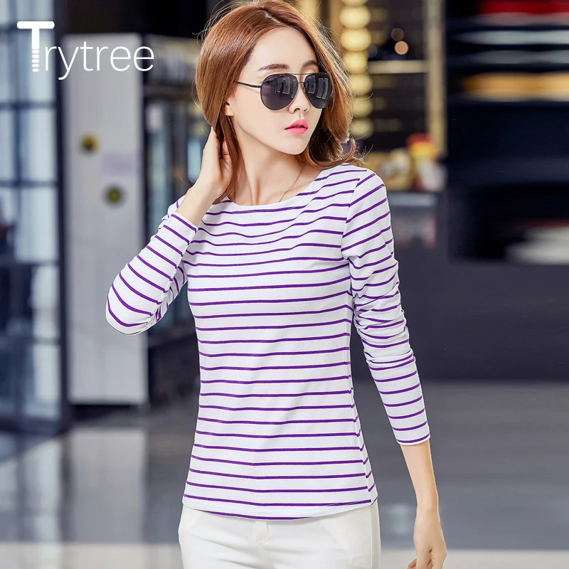 Trytree Summer Autumn stripes top Women t shirt Casual Polyester Solid White Tops clothes Plus Size cotton tshirt | Женская одежда