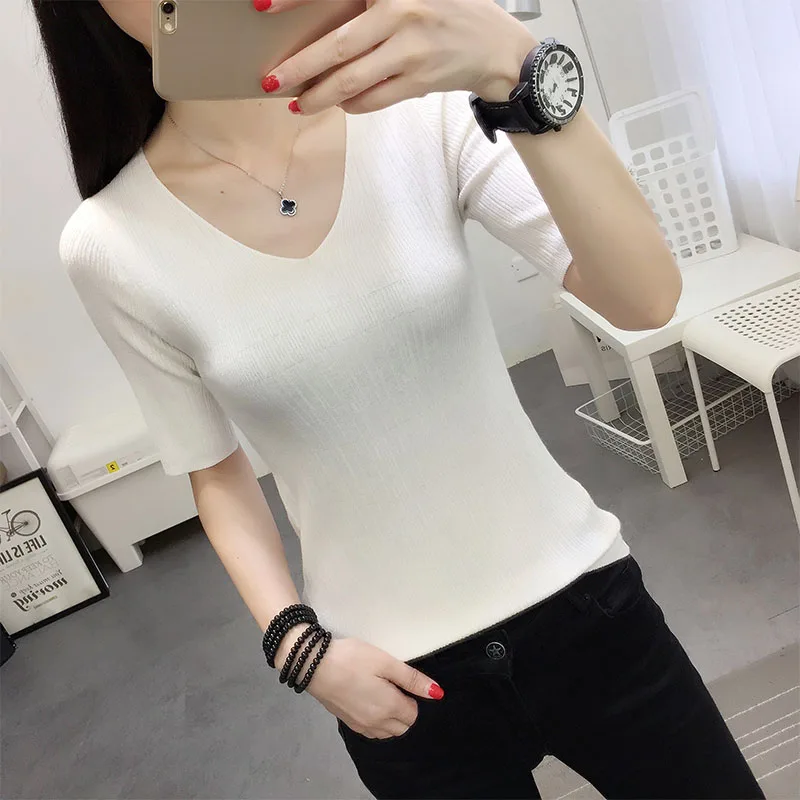 OHCL black white Autumn Winter Sweater Women solid Knitted Pullovers long sleeve tops Wave Cut V-neck Basic office 2018 | Женская одежда