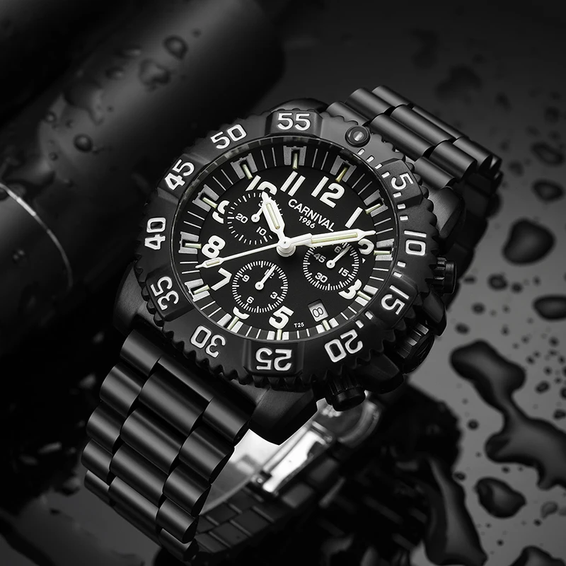 Мужские спортивные водонепроницаемые часы Tritium Luminous черные со стальным ремешком