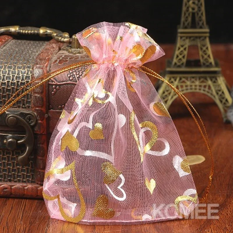 

Мешочек из органзы с принтом сердца, 100 шт./лот, рождественские мешочки на шнурке 15x20 см, свадебные конфеты, Подарочный мешочек, оптовая прода...