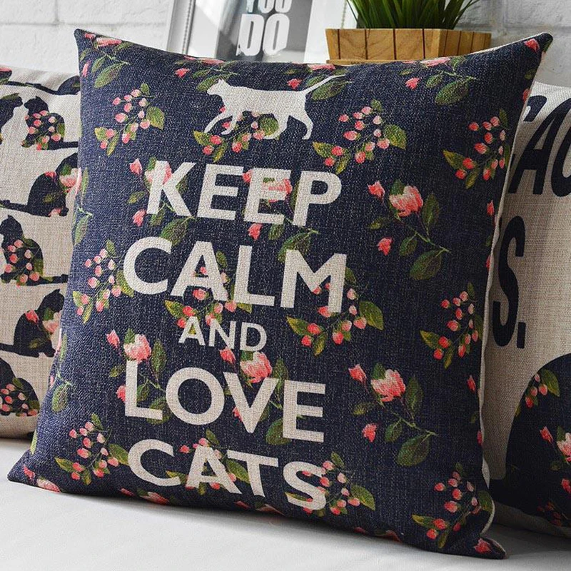 Чехол для подушки с кошкой надписью KEEP CALM AND LOVE CATS Подушка дома и автомобиля