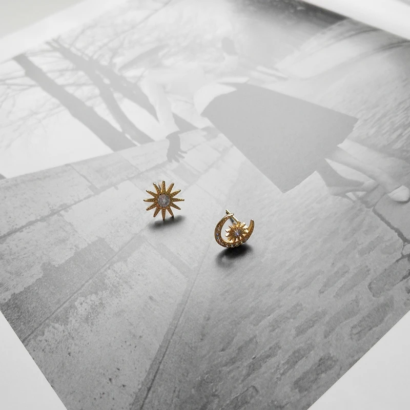 LouLeur sterling 925 silver moon star earrings Asymmetry mosaic zircon gold color stud for women jewelry 2018 | Украшения и