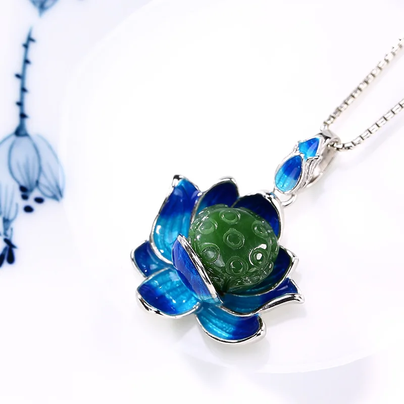 2019 New Silver S925 pure silver antique mosaic and jade cloisonne enamel lotus pendant wholesale | Украшения и аксессуары