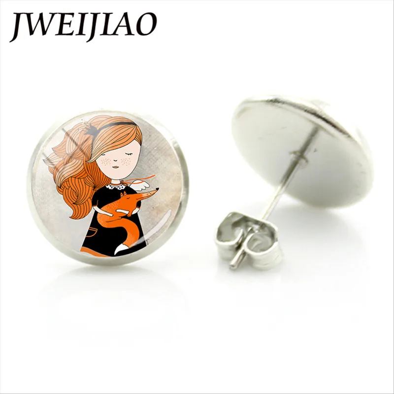 Серьги гвоздики JWEIJIAO в винтажном стиле с изображением лисы и животных круглые