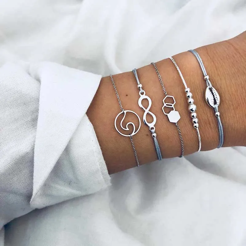 

5 Pcs/Set Link Chain Hexagon Shell Charm Bracelet for Women Silver Color Infinity Bracelet Girls Friendship Braclet Dropshipping