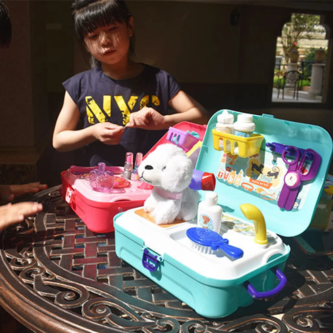 Hot Sale 14Pcs Children Pretend Play House Wash Suit Puppy Backpack Case Toy Pet Wash Backpack Playset Pet Dog Bath Trimmed Box