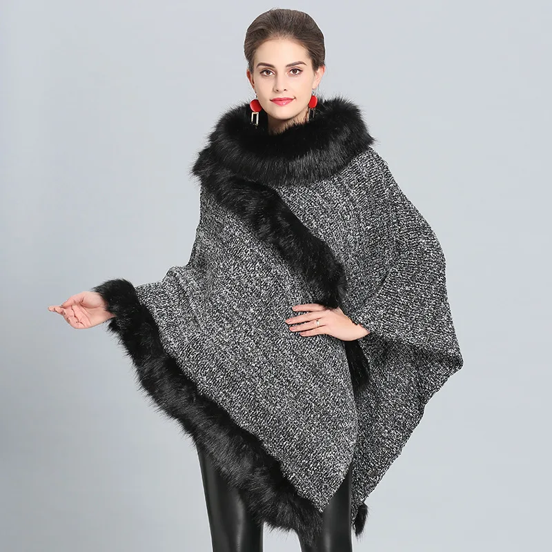 

New arrival knitted autumn winter women thick wild soft temperament solid big shawl comfortable trend warm fur collar poncho