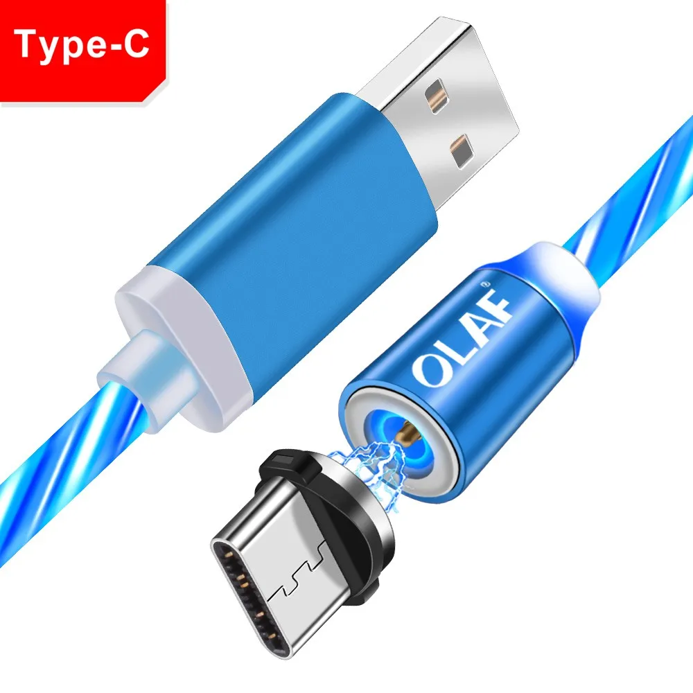 Blue Type C Олаф сверкающий Блестящий Магнитный кабель для быстрой зарядки светодиодный кабель микротипа для Iphone 7 8 Plus X XR XS Max для Xiaomi Redmi Note 7 - Цвет: Blue Type C