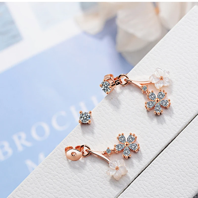 XIYANIKE 925 Sterling Silver Jewelry Double Flowers Shine Zircon Pendant Earrings For Women Lady Gift Trendy Cute 2019 New | Украшения и