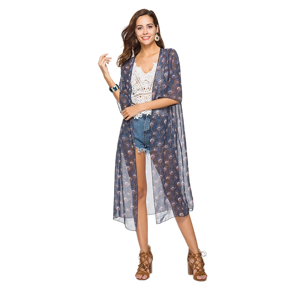 Spring Summer New Ladies Beach Cover Shirt Three Quarter-sleeved Printed Chiffon Cardigan Original Women |