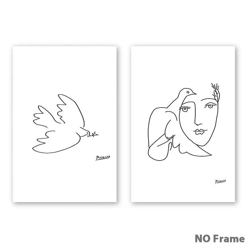 2 Pcs Set Пикассо Peace Dove абстрактная черно-белая линия художественная живопись холст печать плакат Картина Настенная гостиная домашний декор - Цвет: 2 Pcs Set