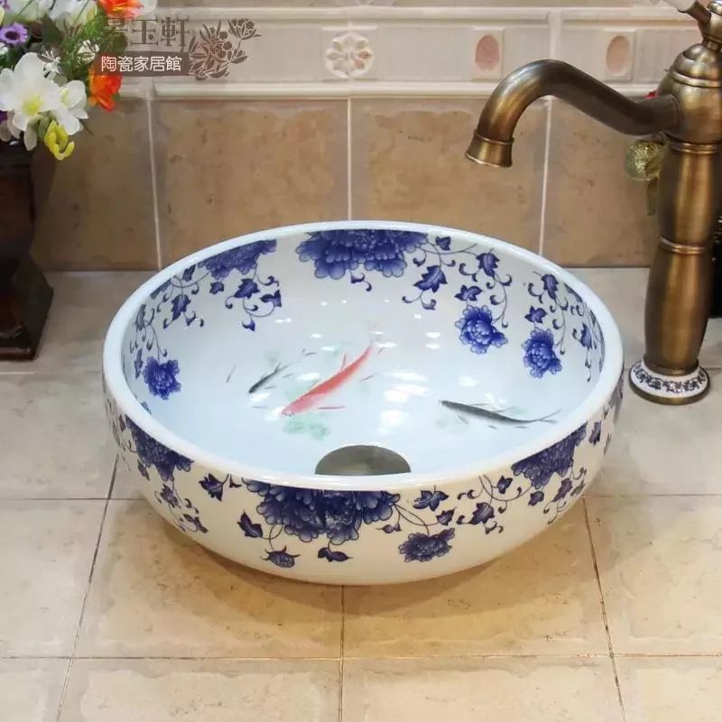 High quality blue and white ceramic art countertop wash basin for bathroom