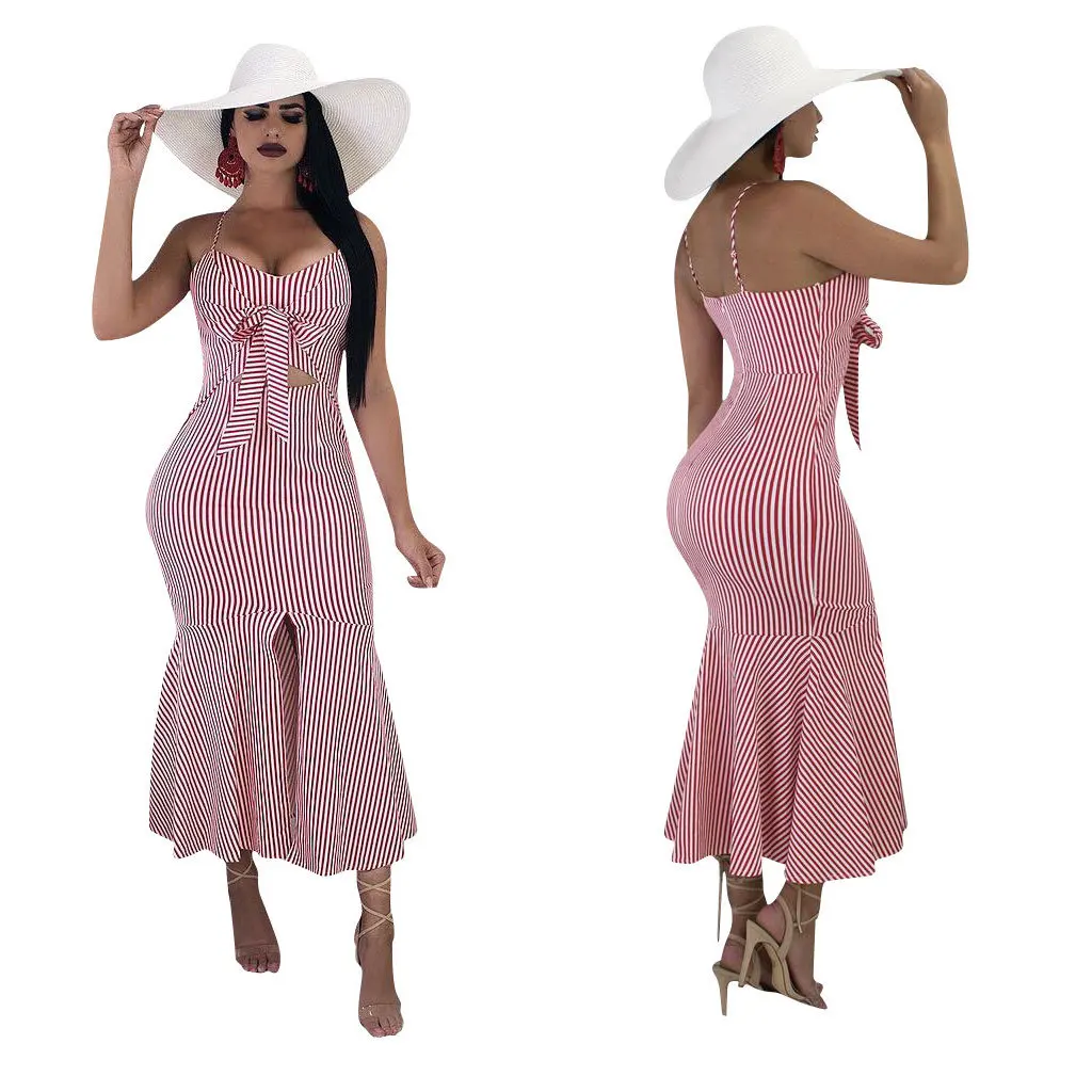 2019 Новое модное элегантное женское сексуальное платье без рукавов в полоску с