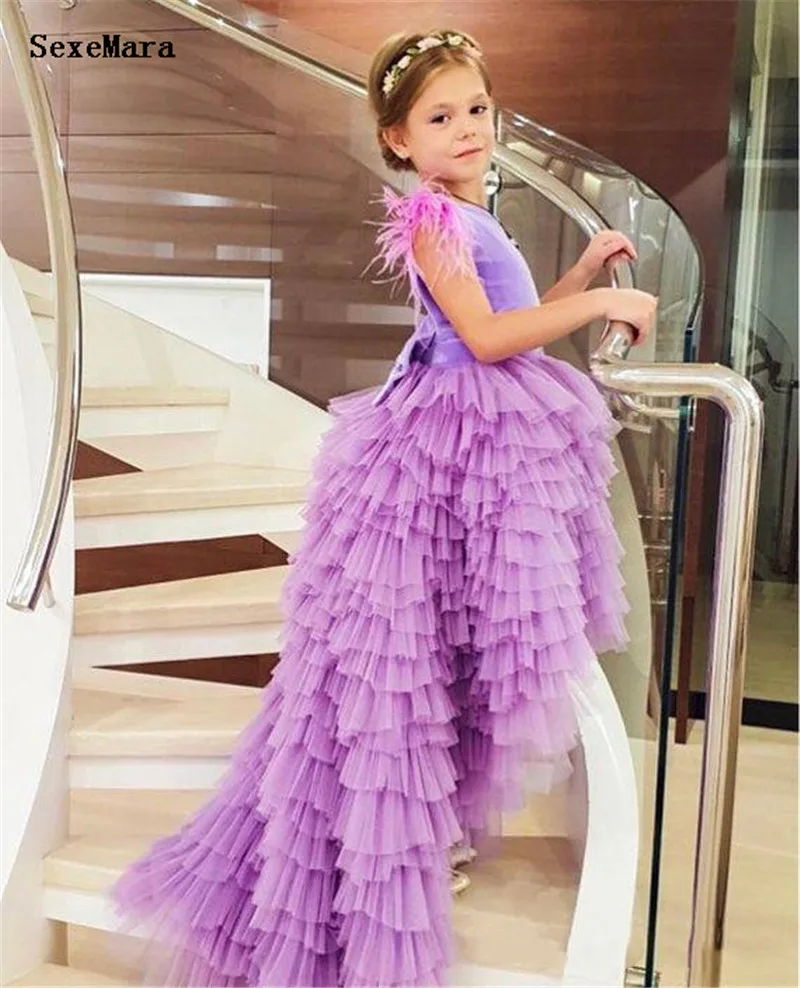 High Low Lavender Tulle Flower Girl Dress For Wedding with Bow Feathers Tiered Girls Pageant Gowns Vestidos | Детская одежда и