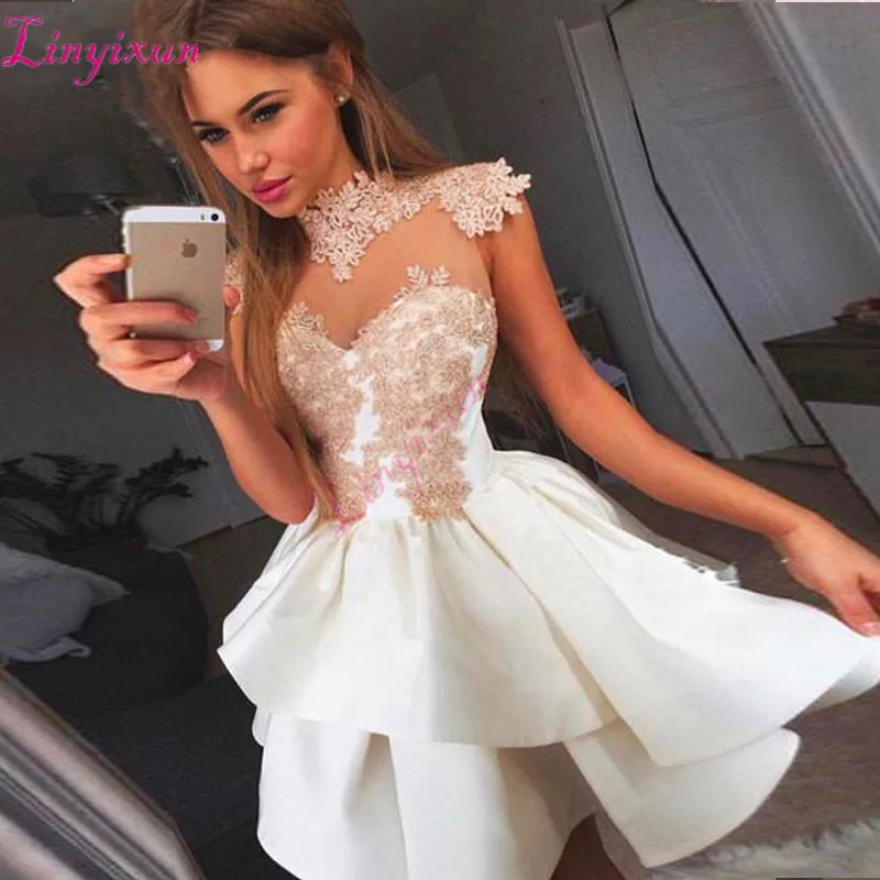 

See Through 2018 Homecoming Dresses A-line High Collar Cap Sleeves Short Mini Lace Elegant Cocktail Dresses Custom Made