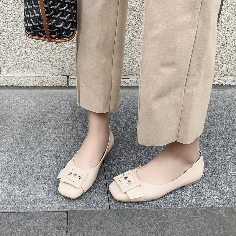 

ISNOM Fashion Casual Flat Women Square Toe Buckle Footwear Genuine Leather Shoes Female Shallow Shoes Woman Spring 2019 New