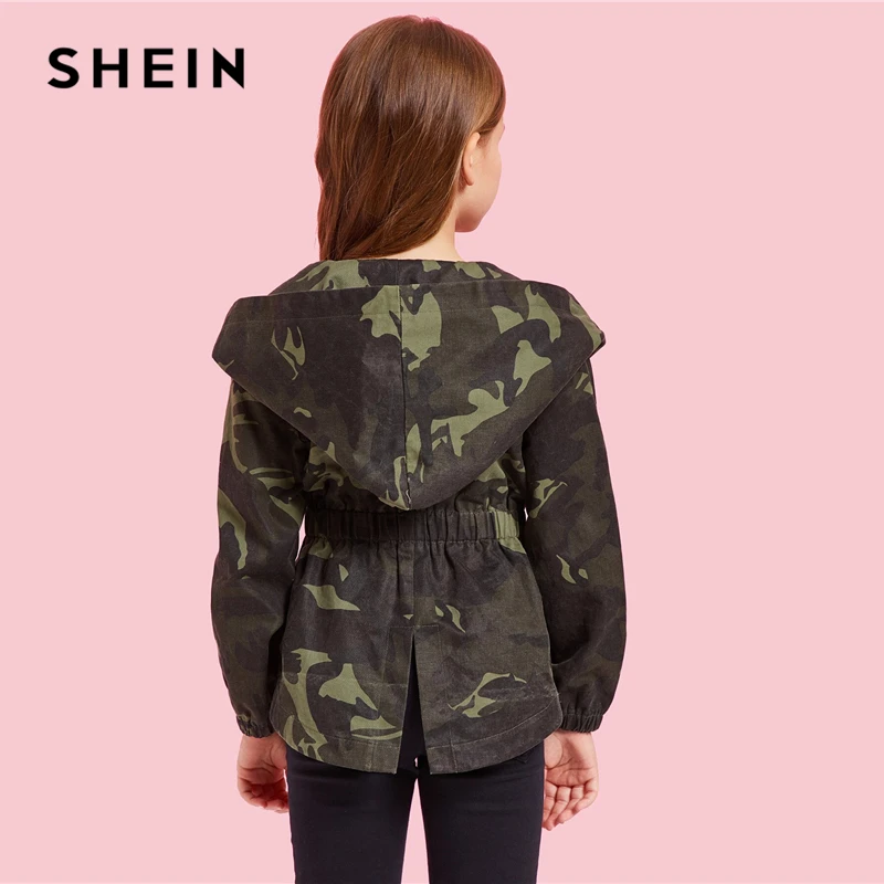 SHEIN/Детская камуфляжная куртка с капюшоном и поясом для девочек; пальто; детская одежда; коллекция года; Осенняя Повседневная куртка с длинными рукавами для подростков
