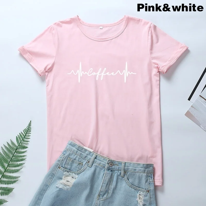 Heartbeat кофейная графическая футболка женская с коротким рукавом и круглым вырезом хлопковая Футболка женская черная белая свободная футболка Femme Топ дропшиппинг - Цвет: Розовый
