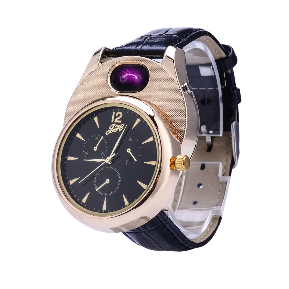 Cigarette Lighter watch Men USB rechangeable Casual Quartz Watch fashion Arc Flameless Lighter Wristwatches clock JH338