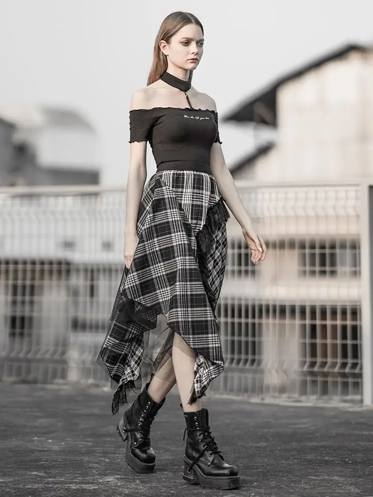PUNK RAVE Women's GothIC Irregular Plaid Skirts with Mesh Steampunk Retro Party Skirt Gothic Daily Girls Casual Skirts