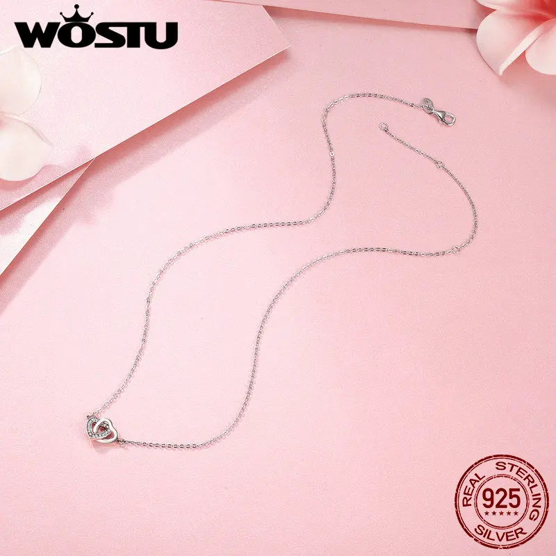 WOSTU, 925 пробы, серебряное, соединенное сердце, пара, сердце, подвеска, ожерелье для девушки, ювелирное изделие, подарок на день Святого Валентина, CQN181