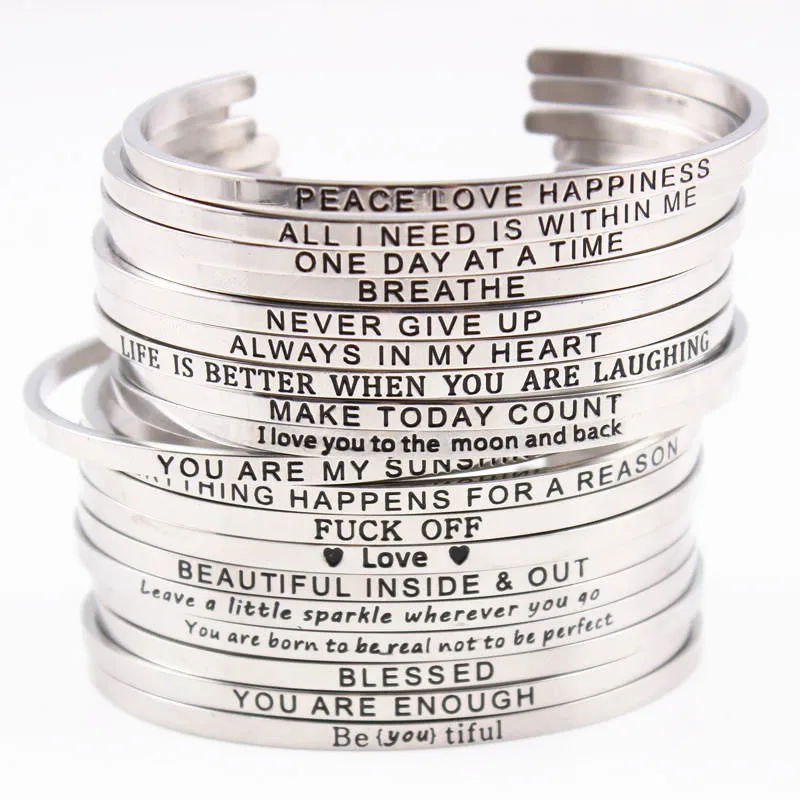 50Pcs/lot Mix Random Stainless Steel Engraved Positive Inspirational Quote Hand imprint Cuff Bracelet Rose Gold Mantra Bangle | Украшения и