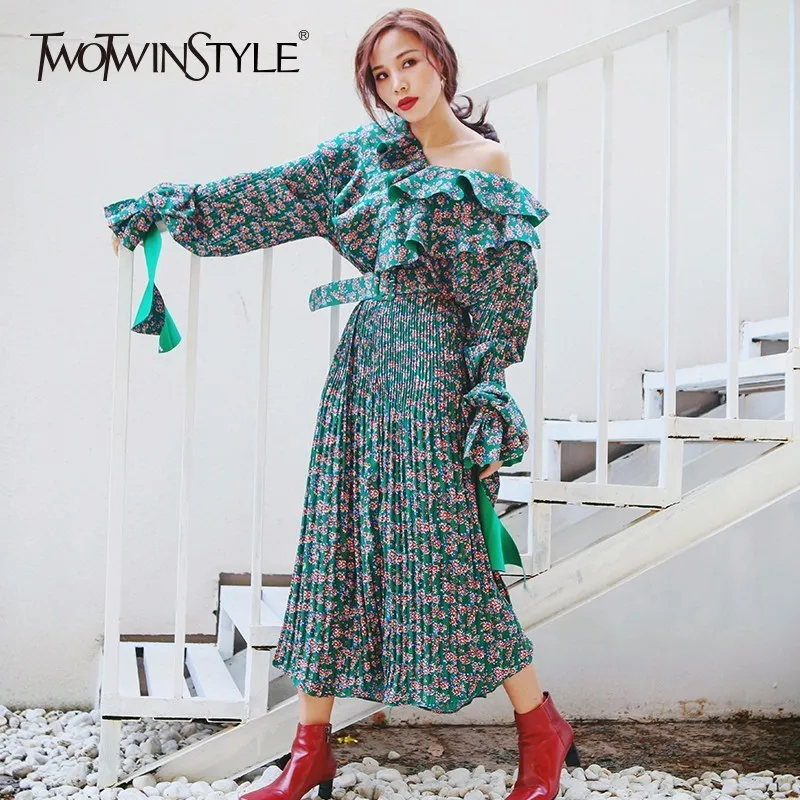 TWOTWINSTYLE длинное платье с цветочным рисунком женские оборки пояса высокая Талия