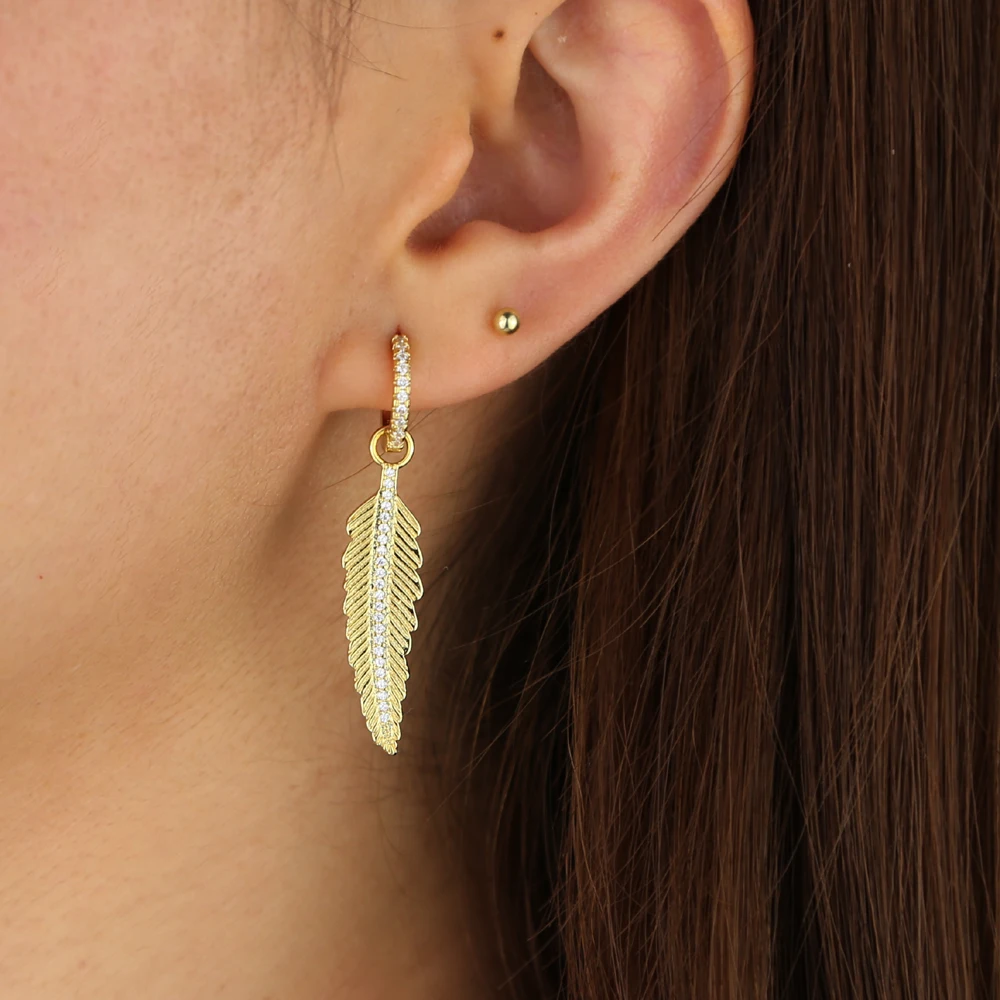 

vintage classic women jewelry gold filled cz leaf feather dangle drop charm earring