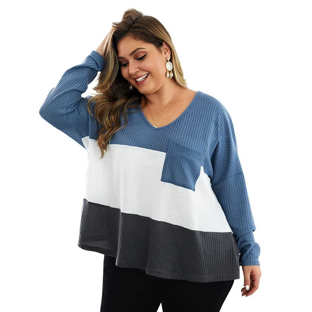 Casual V neck Plus size Women Knitted Sweater Autunm Long Sleeve Striped Splice women tops Pocket loose elegant thin Knitwear | Женская