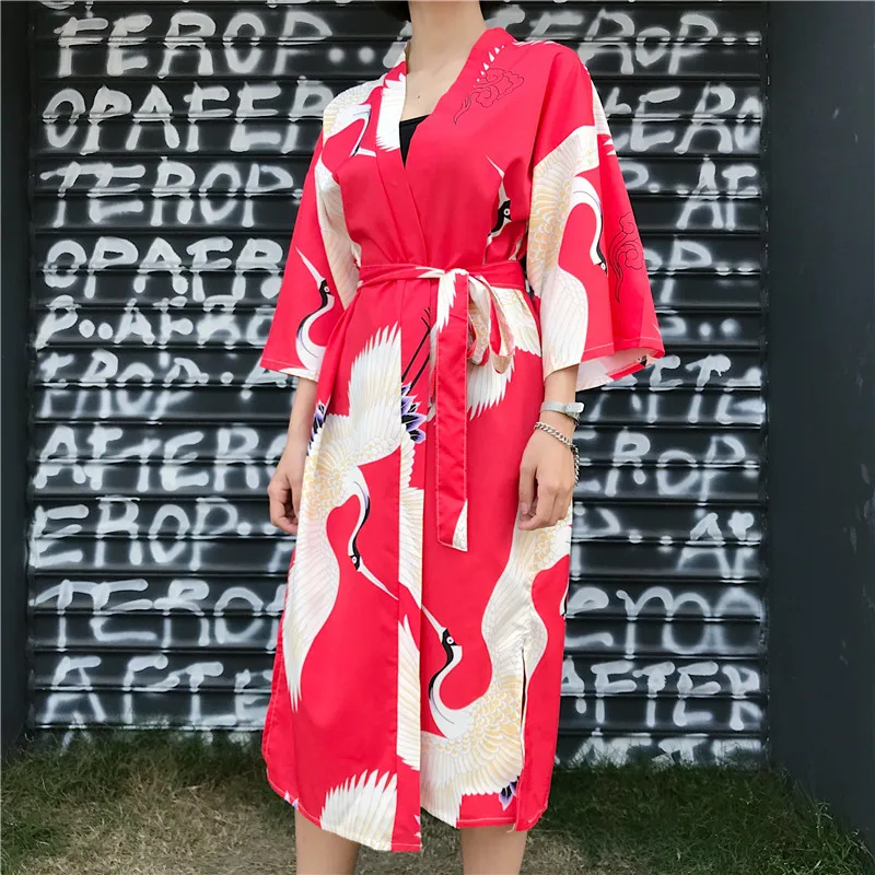 Новинка 2019 японское кимоно юката Haori женский костюм с красным краном