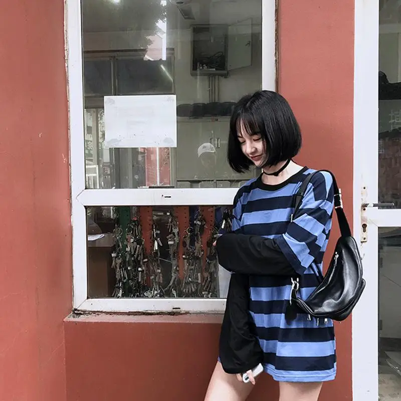 Женская футболка с длинными рукавами Harajuku черная синяя свободная в полоску