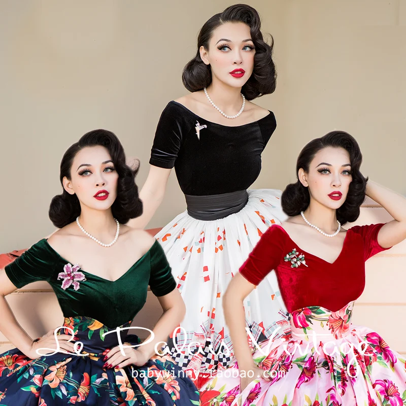 30 Женский винтажный велюровый кроп Топ 50s черный красный зеленый с коротким