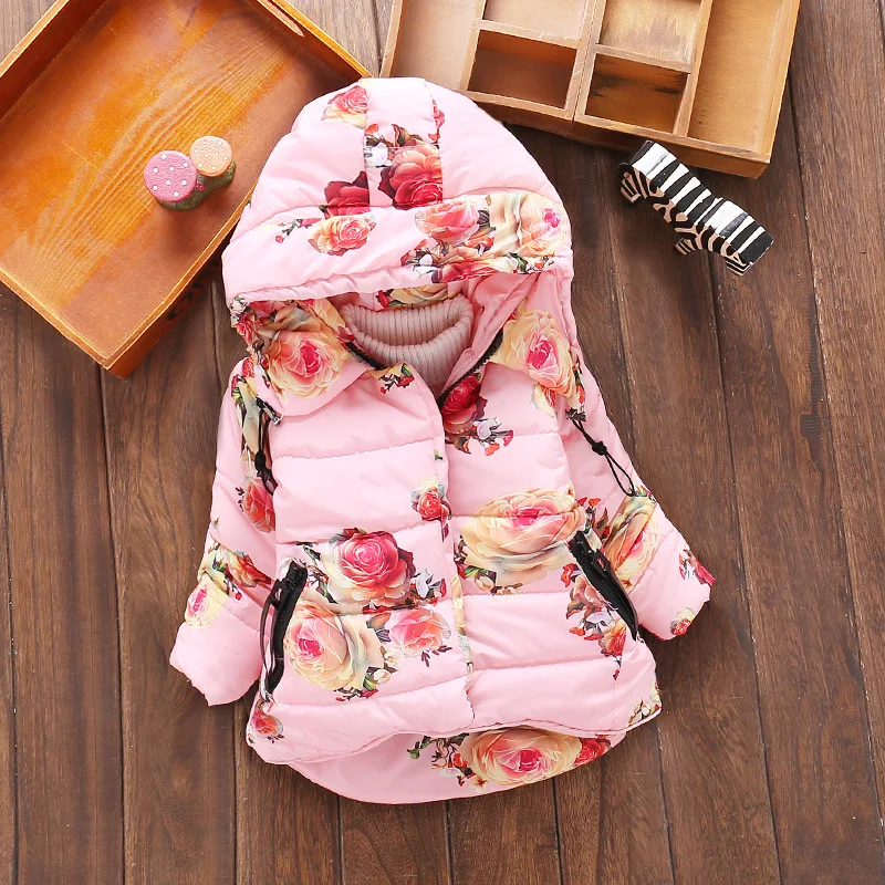 Baby Girls Floral Print Thick Warm Hooded Cotton Down Coats Snow Wear Children's Outerwears Clothes 2017 Winter |
