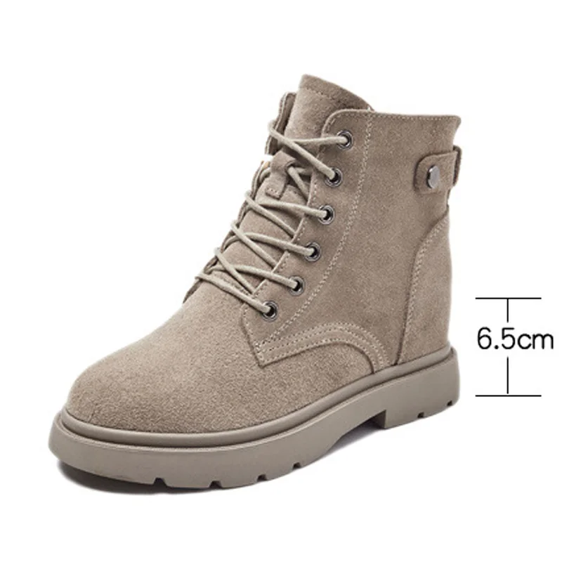 Genuine Leather Shoes Women Boots Warm Shoes Cow Leather Women Ankle Boots Autumn Winter Footwear Height Increasing 6.5cm A1649