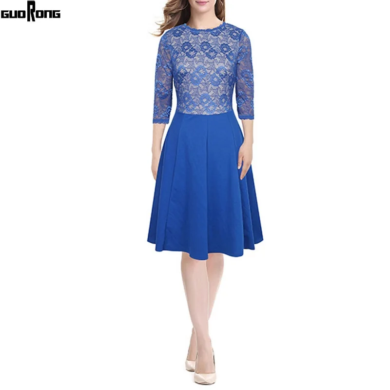 Plus Size Autumn Winter Women 's Clothing Lace Female Dress Casual A-Line Solid Three Quarter Knee-Length Ladies Dresses | Женская