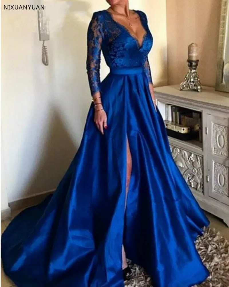 2021 Royal Blue Plus Size Party Dresses Sexy V-Neck Lace Long Sleeve Front Split Formal Evening Abendkleider | Свадьбы и торжества