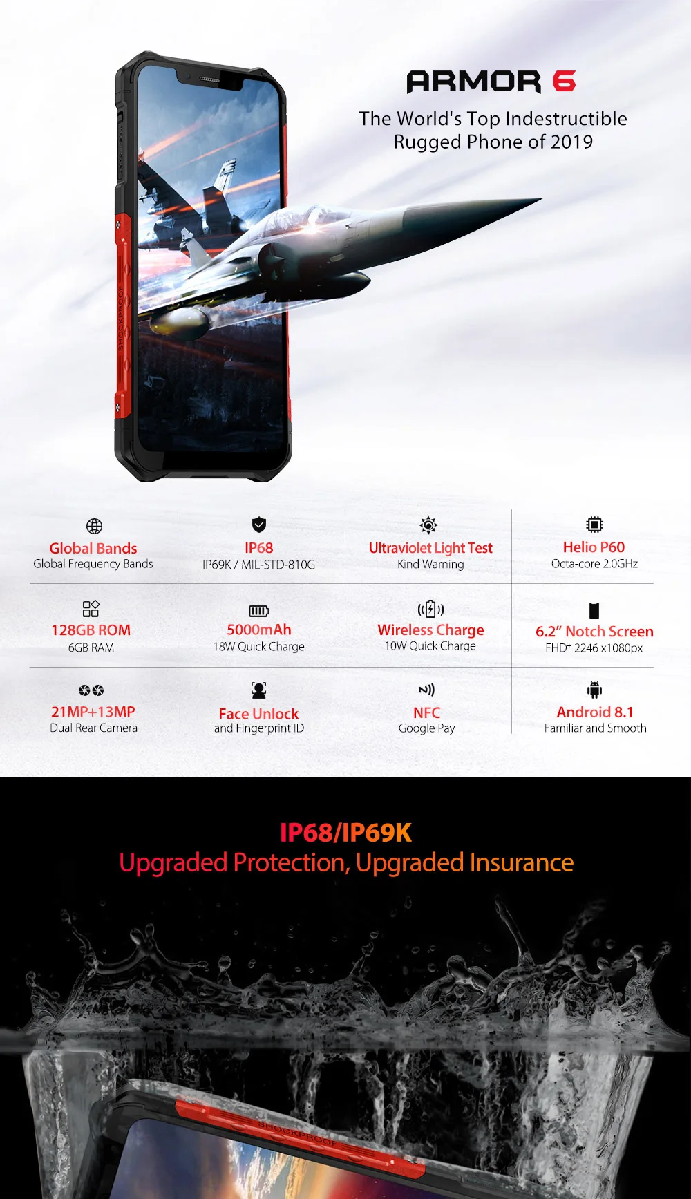 Ulefone Armor 6 телефон смартфон телефоны смартфоны Android 8.1 водонепроницаемый IP68 NFC 6GB+128GB глобальная версия
