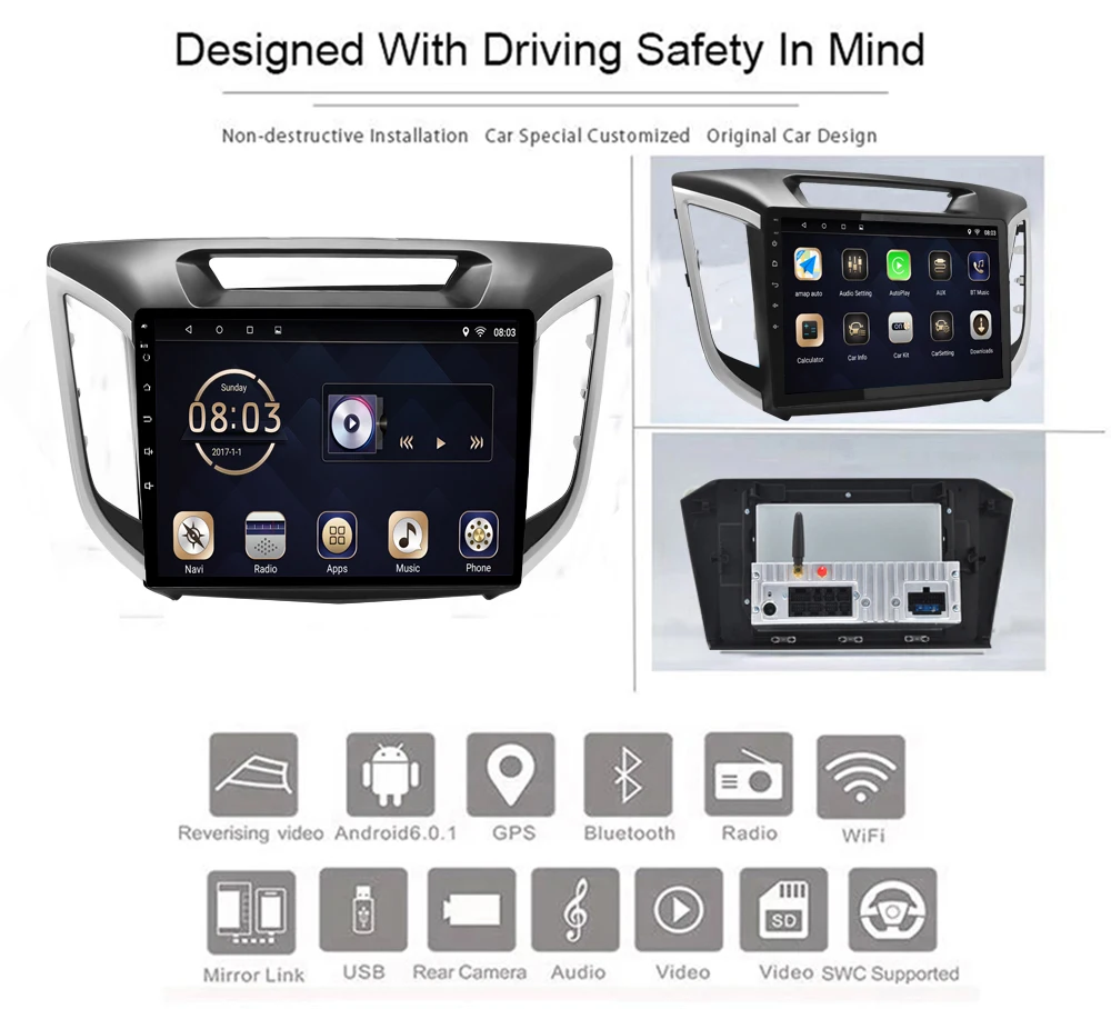 Android 7 1 1din автомобильный DVD мультимедийный плеер авторадио для Hyundai IX25 2014 2018 GPS
