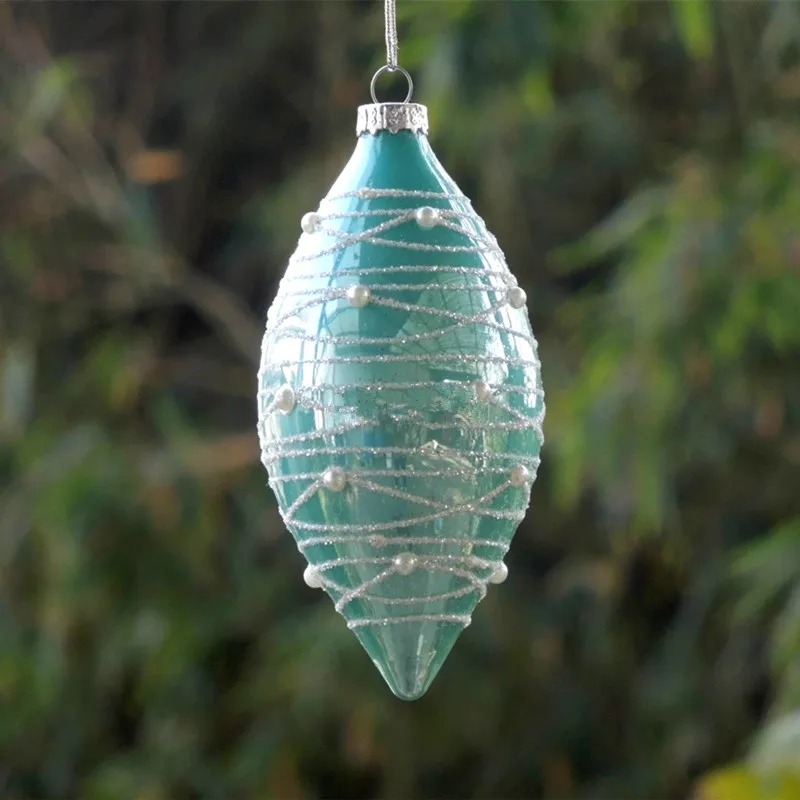 

12pcs/pack 6*12cm Sky Blue Series Olive Shaped Christmas Tree Hanging Globe Ornament Inner Silver Plated Hand Painting Pendant