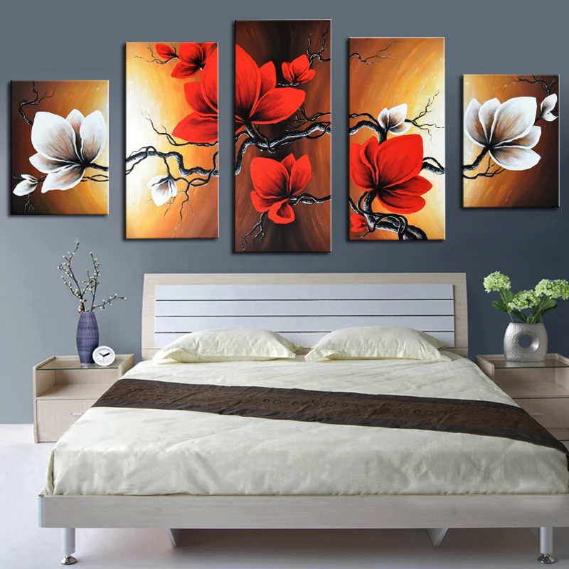 

Modern Hand Printed Flower Oil Paintings for Living Room Home Wall Decoration 5 Pictures Combination Handcraft Works Unframed