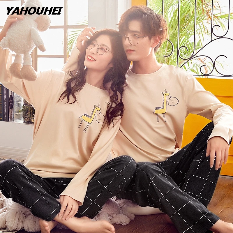 Осень-зима 2019 парные пижамные комплекты круглый вырез длинный рукав Пижамный