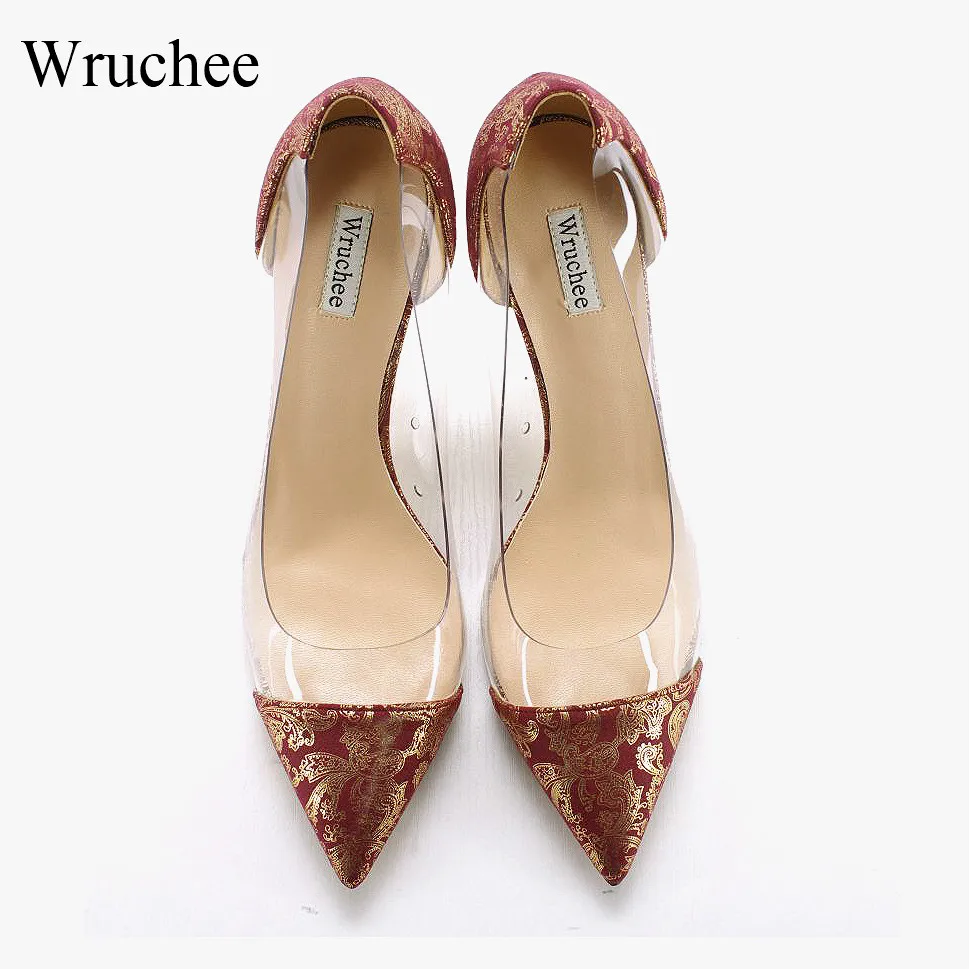 

Wruchee summer shoes transparent leopard nude color women working pumps shoes pointed toes thin heels shoe 10cm big size