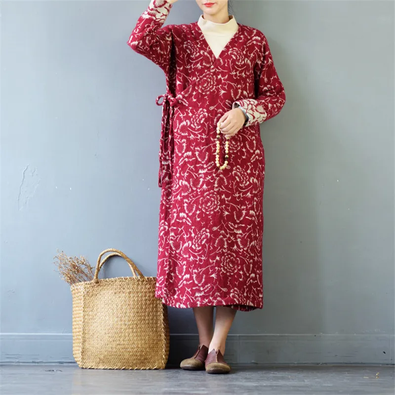 

SCUWLINEN 2019 Women Autumn Winter Jackets Vintage Loose V-neck Adjustable Waist Jacquard Linen Wool Coat Long Cardigan S468
